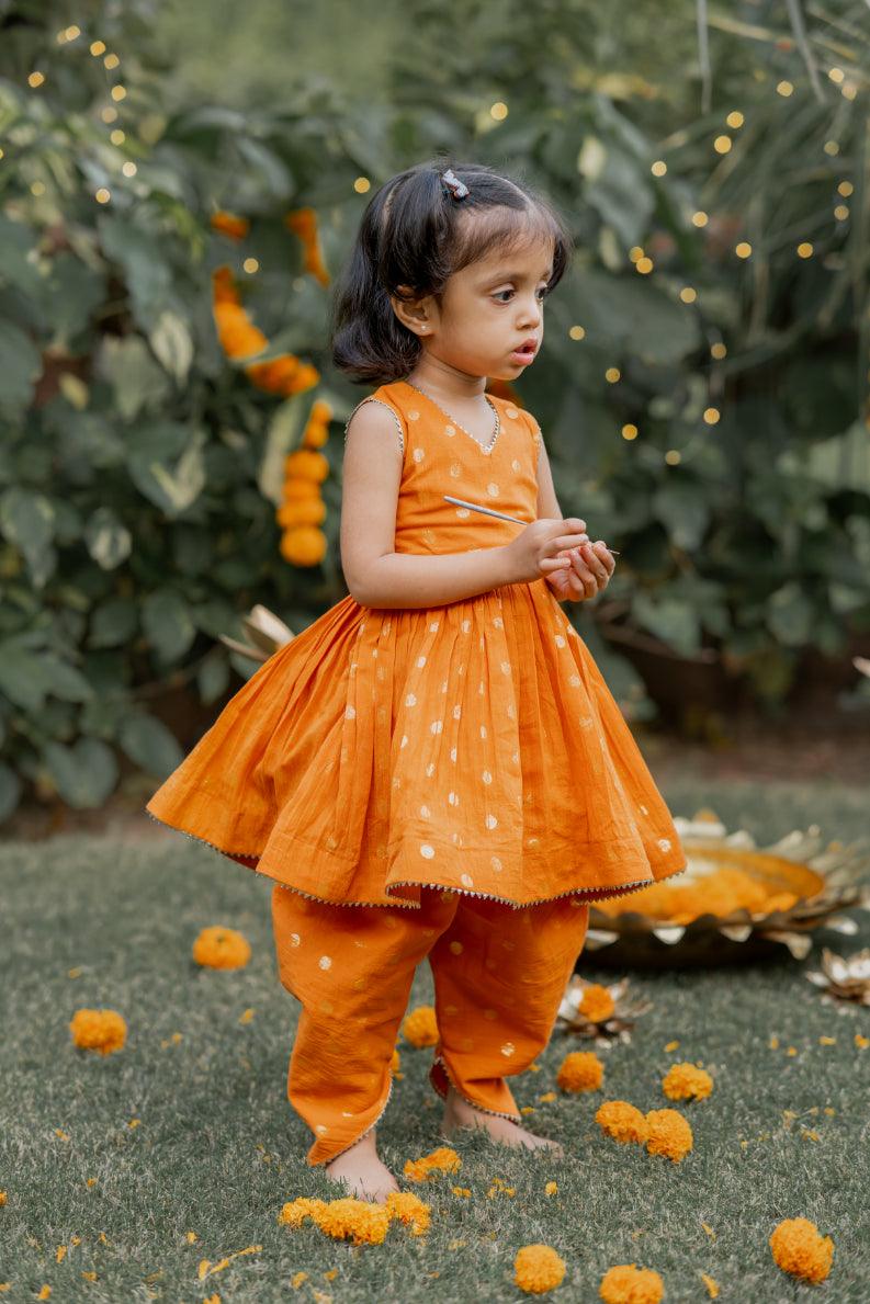 Orange Pletaed Top With Dhoti Pants - thekansha