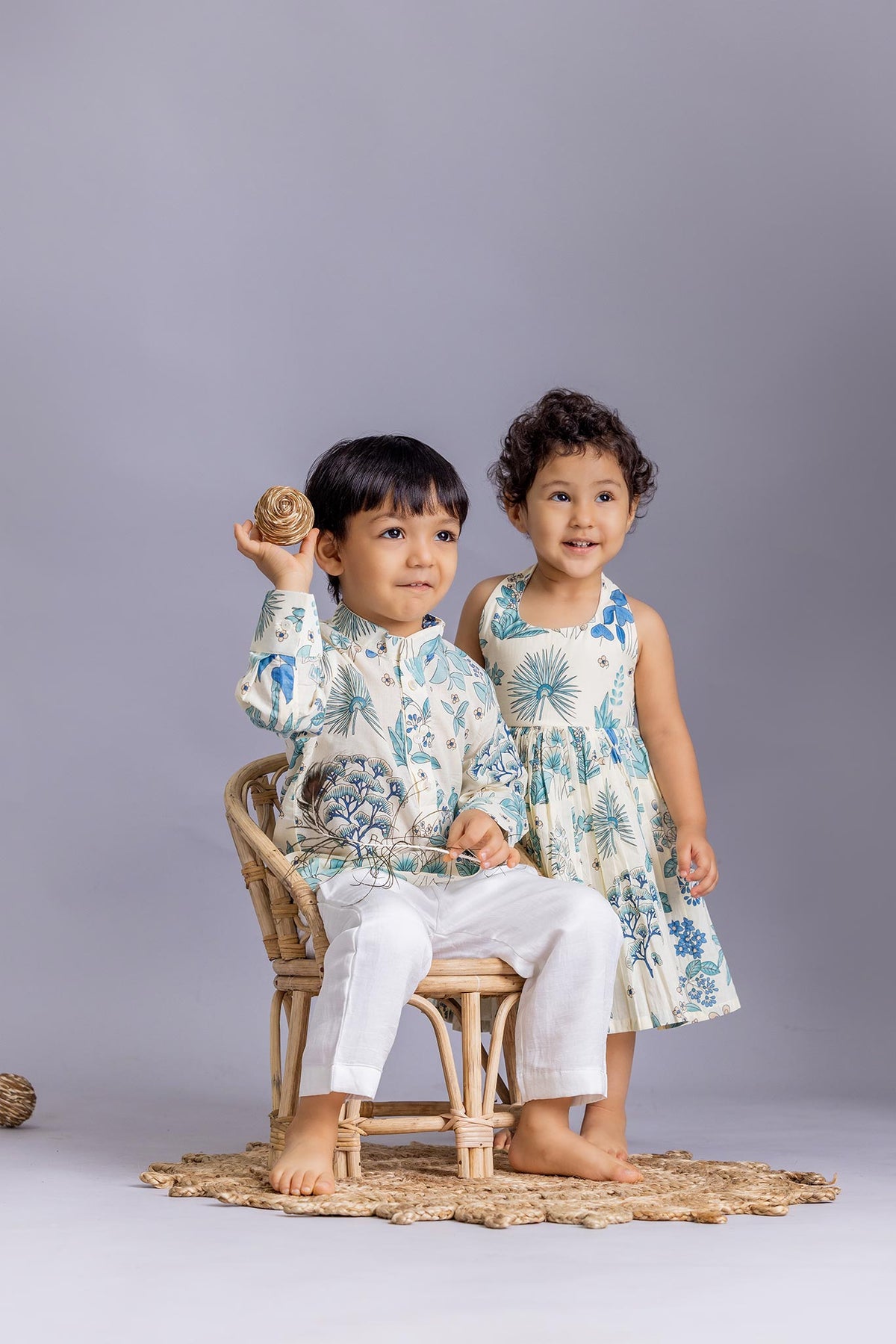 Blue And White Floral Kurta And Dress - Twinning Set