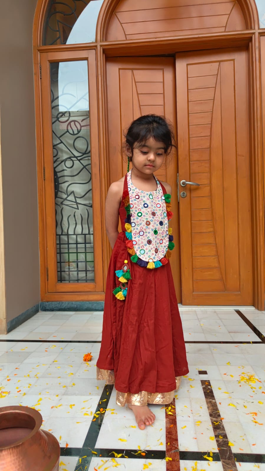 Brown Patched Top With Skirt